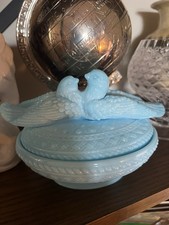 Vintage Blue Milk Glass Westmoreland Love Birds On Nest Candy Dish picture