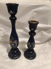 VTG Pair Wood Candlesticks Rosemaling Norwegian Folk Art Hand painted 9” And 7” picture