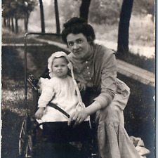 c1910s Beautiful RPPC Mother & Child Outdoors Baby Boy Stroller Real Photo A260 picture