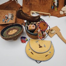 Vtg Mid Century Canada Indigenous Style Leather Photo Album Pouch Basket Toy Lot picture