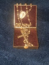 Vintage Sterling Rosary Bead Necklace INRI Cross & Metal Keepsake Box picture