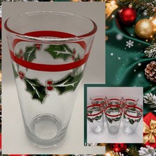 Vintage Set of 6 KIG Christmas Glasses - Red Band Holly Berries - INDONESIA picture