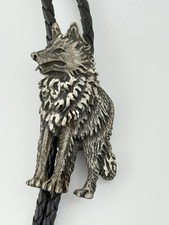 Vintage EJC Wolf Bolo Tie Diamond Cut Pewter Western Cowboy Silver Tone Hunter picture