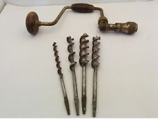 VINTAGE RATCHETING HAND DRILL WITH WOODEN HANDLES AND 4 AUGER BITS picture