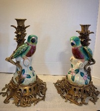 Exquisite Pair Of Rare Bronze Mounted Porcelain Parrot Candlesticks. picture