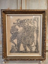 Antique TEMPLE RUBBING WITH ELEPHANT THAI Buddhist Plaster Wood Ornate Frame  picture