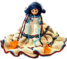 Vtg Fibre Craft Materials Doll w/ Traditional Folk Crochet w/ Beads Dress 1988 picture