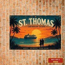 st_thomas_tropical_beach_sunset_palm_trees_silhouette_cruise_ship_art_2d_flat_de picture