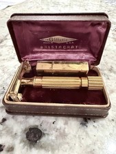 Vintage 1940s Gillette Aristocrat Gold Safety Razor Set Case & Blade Holder Nice picture