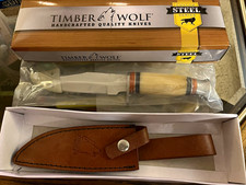 Timber Wolf Hunting Fixed Blade Knife Stainless Clip Point Bone Handle Sheath picture