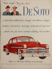 1950 vintage DeSoto Red automobile print ad, Post World War II picture