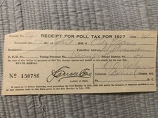 1927 POLL TAX RECEIPT Arkansas  - Paper Vintage Election Vote picture