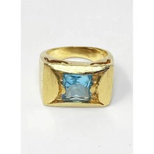 Estate 10K Yellow Gold Over Blue Aquamarine Chunky Wide Band Ring Size 8-17 Men picture