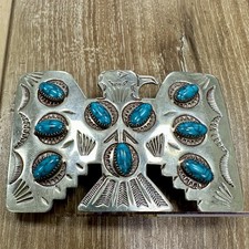 Vintage Frontier Buckles Nickel Silver Turquoise Navajo Thunderbird Belt Buckle picture