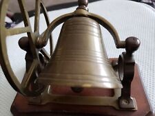 Vintage Brass Ship's Bell With Mount Pulley Wheel Desk Bell on Wood Base picture