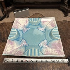 (2) Vtg. 12” MCM R R P CO Roseville Party Ashtray Turquoise Pink Drip Glaze picture
