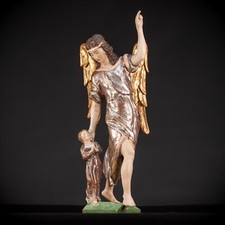 St Raphael The Archangel w Tobias Wooden Sculpture | Antique Wood Statue 20.5” picture