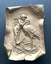 Antique French Art Nouveau Brass Pin /Trinket Tray - Angel Arrow Stork Relief picture