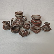 Vintage Mexican Folk Art Mini Pottery 9pc Tonala Style Boho Southwestern Clay picture
