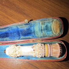 Antique Victorian Carved Meerschaum & Amber Cigar Holder in Original Case Roses picture
