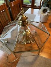 Vintage Beveled Glass and Brass Large Hanging Chandelier~9Panel~9Light~Dinin picture