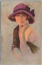 Suzanne Meunier French Fashion Lady Portrait Purple Hat Art Postcard H86 picture