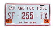 1984 Oklahoma Sac And Fox Tribe License Plate # SF 255 EX picture