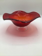 Ruby Red Vintage Glass Compote Bowl Clear Ruffled Edge picture