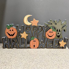 Vtg Happy Halloween Wood Sign Tabletop Mantel Home Decor Jack O'Lantern 14”x7.5” picture