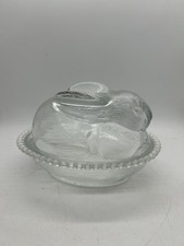 Vintage Indiana Glass Bunny Rabbit on Nest Clear Covered Candy Dish Easter 7