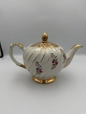 Vintage Ellgreave England Teapot Porcelain Cream Pink Floral Ornate Gold Gilt picture