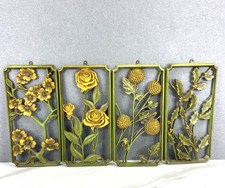 Set of 4 Vtg MCM Syroco Floral 4 Seasons Green Yellow Blossoms Roses Mums Holly picture