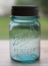 Vintage Ball Perfect Mason Blue Pint  Canning Jar, with footed a, 1910-1923. picture