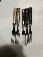 Lot of 5 Antique Civil War Era Three Prong Wood & Pewter Inlay Forks picture