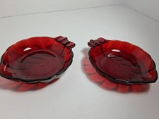2 VTG Anchor Hocking Royal Ruby Red Glass Leaf Shaped Ashtray 5 1/4” X 4 1/4” picture