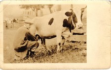 Vintage RPPC Farmer Milking Holstein Dairy Cow Real Photo Postcard Unused c1920s picture