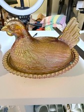 Indiana Glass Iridescent Amber Carnival Hen on Nest 7