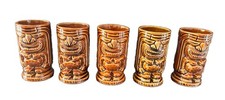 Vintage Set Of 5 Tiki Leilani Hawaiian Double Sided Ceramic Tumblers/ Mugs/Cups picture