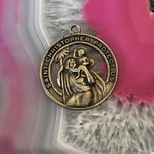 Vintage Sterling Silver St Christopher Protect Us Round Cut Out Charm Pendant 1” picture