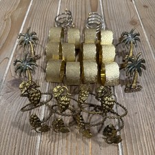 Vintage Gold Metal Napkin Rings 22 Pc Mixed Lot Palm Tree Grape Textured Brass picture
