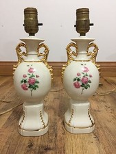 Vtg MCM Table Lamps Two Porcelain Gold Gilt Urn Style Double Arm Flower Boudoir picture