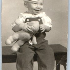 c1940s Cute Smiling Baby Boy Sailor Hat Overalls Holding Toy Doll Vintage Photo picture