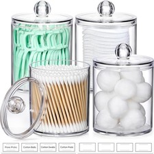 Acrylic Qtip Holder Dispenser Clear Apothecary Jars Bathroom Organizer 4 Pack picture