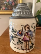 Antique Vtg Mettlach Geshafte 1/2 Ltr German Pewter Lidded Stein picture