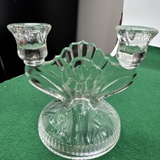 Jeanette Glass Iris and Herringbone Double Candlestick Holders Vintage Pair (2) picture