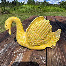 Vintage Yellow Iridescent Lusterware Ceramic Swan Planter Vase Mid Century Decor picture
