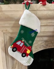 Green And White Fire Truck Stocking Cozy Christmas Stocking Holiday Kids Adult picture