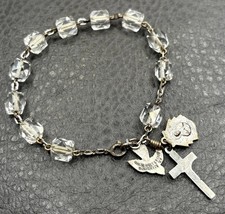 VTG Sterling Silver Rock Crystal Rosary Bracelet Cross Holy Spirit Bird Charm 7” picture