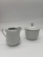 White Porcelain Creamer & Covered Sugar Bowl Set Silver Trim Made in China picture