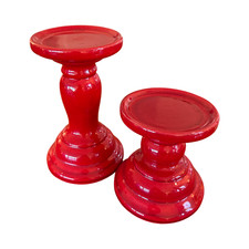 Pair 1970s California Pottery Red Glazed Candle Pedistal Holders picture
